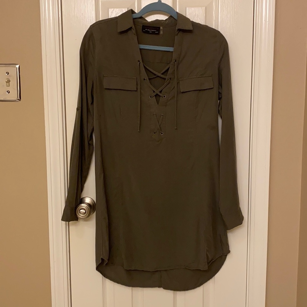 Army Green Longsleeve Laceup V-Neck Dress